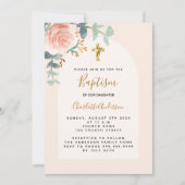 Invitation Rose gold rose florale fille croix Baptême (Devant)
