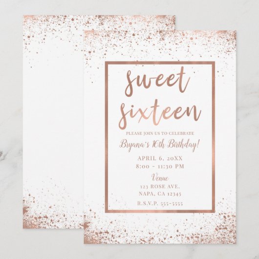 Invitation Rose Gold Rose Glam Moderne Chic Sweet 16 (Devant / Derrière)