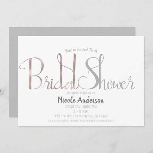 Invitation Rose Gold Rose & Gris Script Fête des mariées mode (Devant / Derrière)