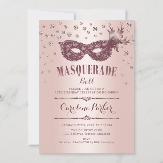 Invitation Rose Gold Rose Masquerade Ball Anniversaire (Devant)
