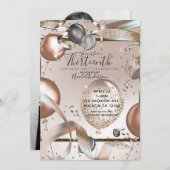 Invitation Rose Gold Rose Parties scintillant Ballons Anniver (Devant / Derrière)