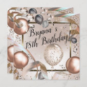 Invitation Rose Gold Rose & Parties scintillant Ballons fête (Devant / Derrière)