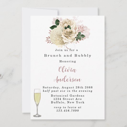 Invitation Rose Gold Rose Parties scintillant Brunch et Bubbl (Devant)