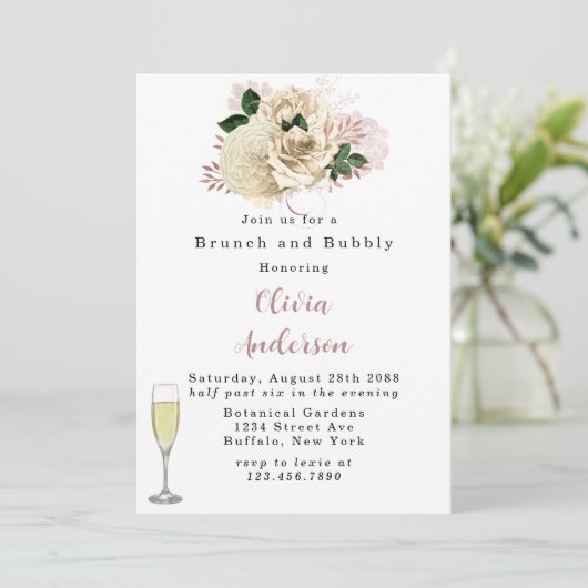 Invitation Rose Gold Rose Parties scintillant Brunch et Bubbl (Debout devant)