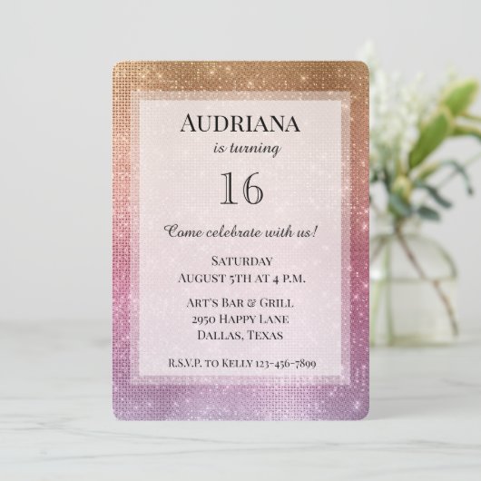 Invitation Rose Gold rose pourpre Éperche Anniversaire (Debout devant)