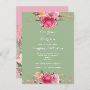 Invitation Rose Gold Rose Sage Vert Floral Rose Mariage