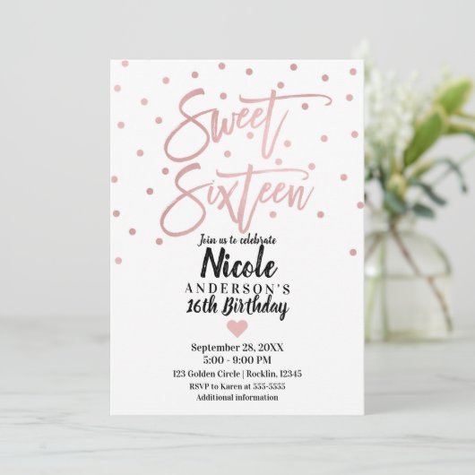 Invitation Rose Gold Rose Script Moderne Douce 16 Seize (Debout devant)