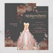 Invitation Rose Gold roses paillettes tendance robe Quinceañe (Devant / Derrière)