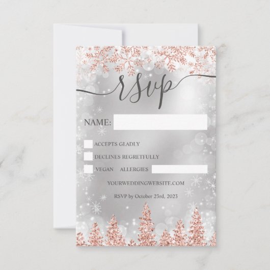 Invitation Rose gold sapin neige marine Noël hiver rsvp (Devant)