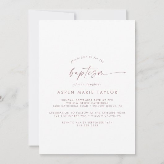 Invitation Rose Gold Script Baptême (Devant)