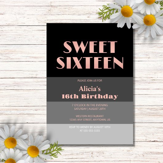 Invitation Rose Gold Script Black Grey Stripes 16e anniversai