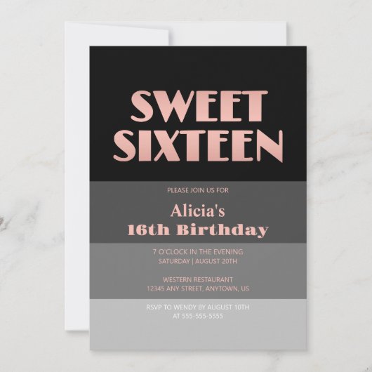 Invitation Rose Gold Script Black Grey Stripes 16e anniversai (Devant)