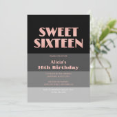 Invitation Rose Gold Script Black Grey Stripes 16e anniversai (Debout devant)