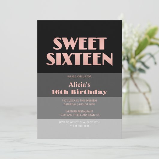 Invitation Rose Gold Script Black Grey Stripes 16e anniversai (Debout devant)