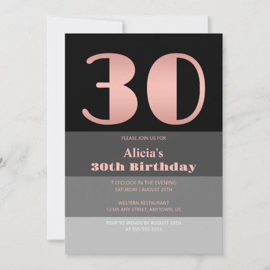 Invitation Rose Gold Script Black Grey Stripes 30e anniversai (Devant)