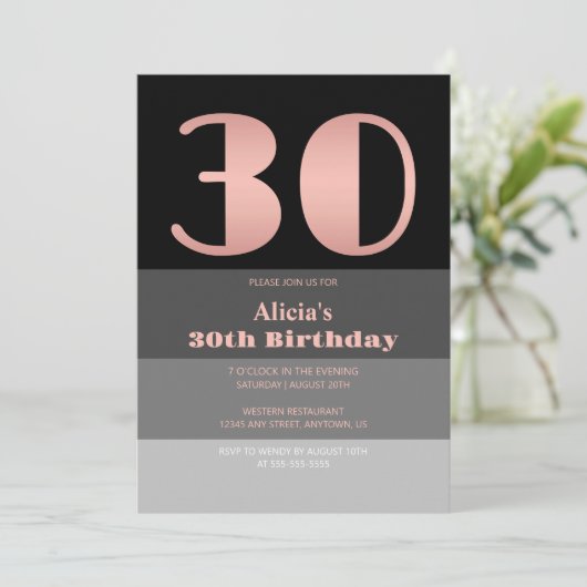 Invitation Rose Gold Script Black Grey Stripes 30e anniversai (Debout devant)