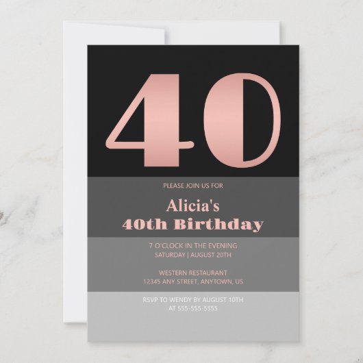 Invitation Rose Gold Script Black Grey Stripes 40e anniversai (Devant)