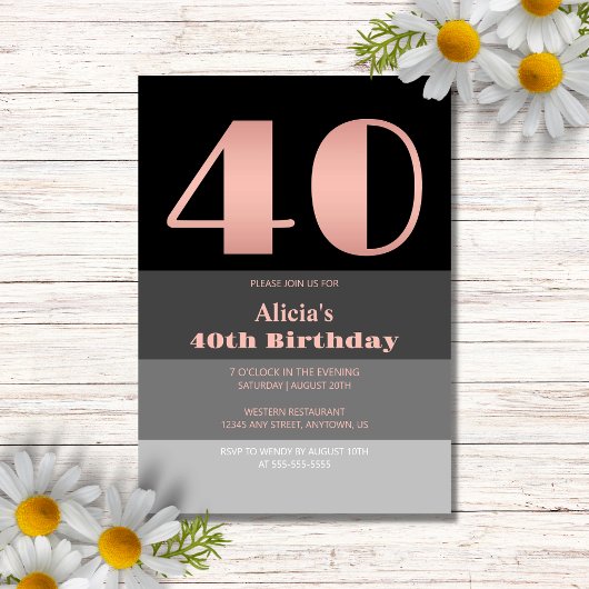 Invitation Rose Gold Script Black Grey Stripes 40e anniversai