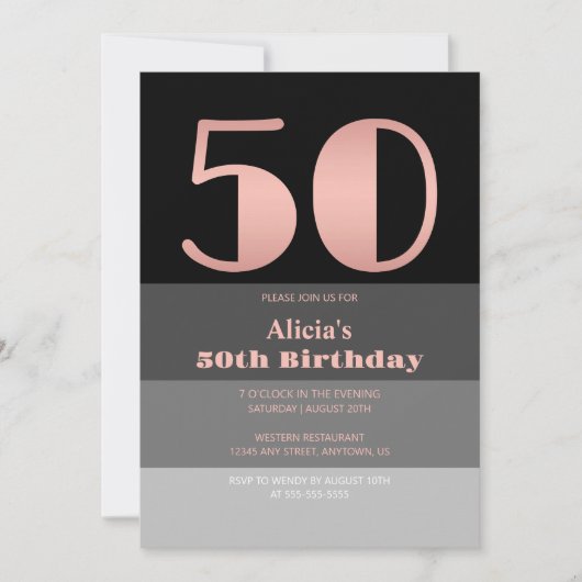 Invitation Rose Gold Script Black Grey Stripes 50e anniversai (Devant)