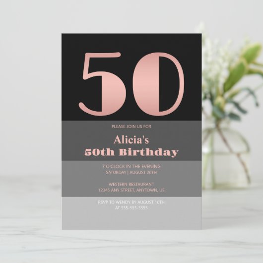 Invitation Rose Gold Script Black Grey Stripes 50e anniversai (Debout devant)