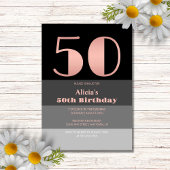 Invitation Rose Gold Script Black Grey Stripes 50e anniversai