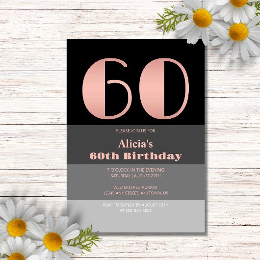 Invitation Rose Gold Script Black Grey Stripes 60e anniversai