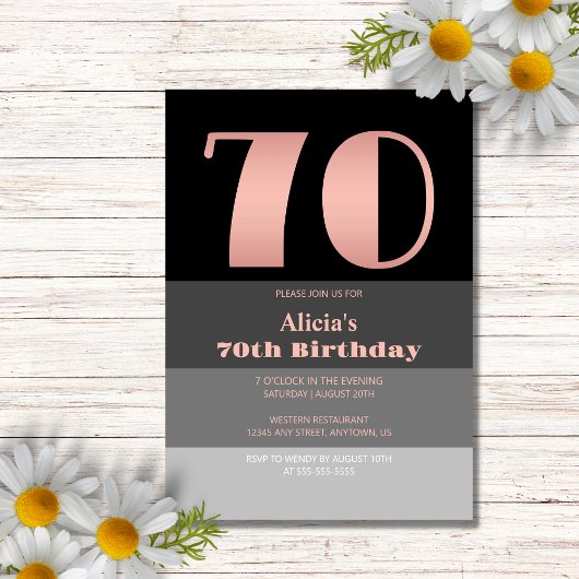 Invitation Rose Gold Script Black Grey Stripes 70e anniversai