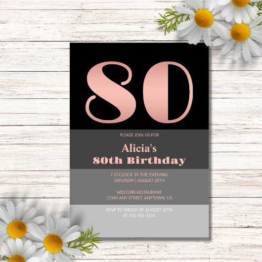 Invitation Rose Gold Script Black Grey Stripes 80e anniversai