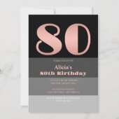 Invitation Rose Gold Script Black Grey Stripes 80e anniversai (Devant)