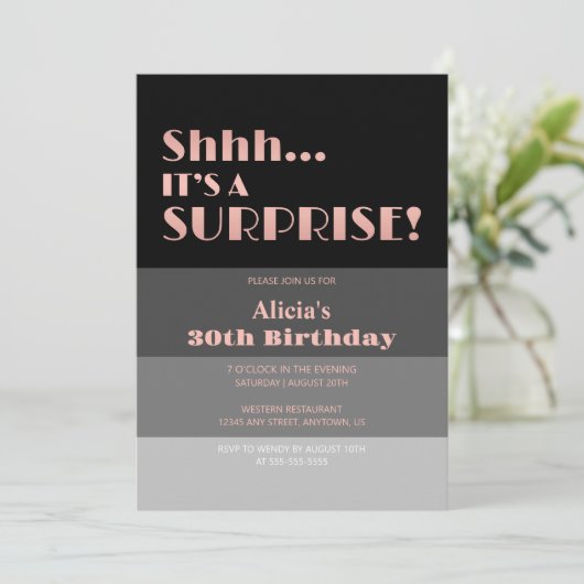 Invitation Rose Gold Script Black Stripes Surprise Anniversai (Debout devant)