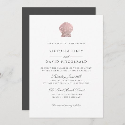 Invitation Rose Gold Seashell Elegant Ocean Beach mariage (Devant / Derrière)