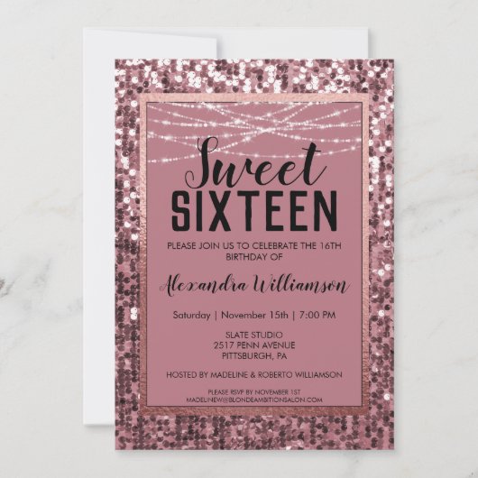 Invitation Rose Gold Sequin/Parties scintillant Sweet 16 Anni (Devant)