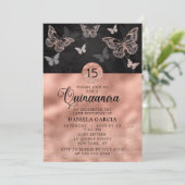 Invitation Rose Gold Shimmer Butterfly Moderne Quinceañera (Debout devant)