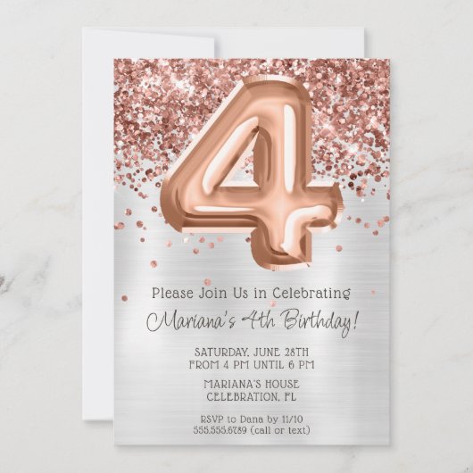 Invitation Rose Gold Silver 4e anniversaire de fête Invitatio (Devant)