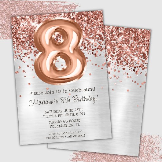 Invitation Rose Gold Silver 8e anniversaire de fête Invitatio
