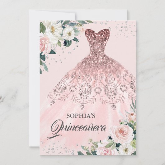 Invitation Rose Gold Silver Diamond Gown Floral Quinceanera (Devant)