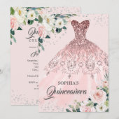 Invitation Rose Gold Silver Diamond Gown Floral Quinceanera (Devant / Derrière)