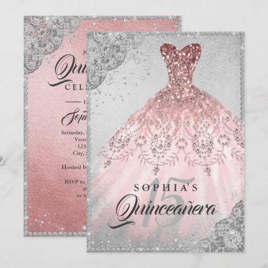 Invitation Rose Gold Silver Diamond Sparkle Gown Quinceanera (Devant / Derrière)