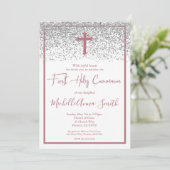 Invitation Rose Gold Silver Girl première sainte communion (Debout devant)