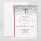 Invitation Rose Gold Silver Girl première sainte communion (Devant / Derrière)