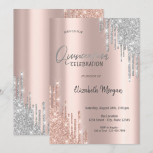 Invitation Rose Gold Silver Glitter Drips Quinceañera 