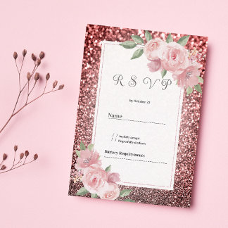 Invitation Rose gold silver glitter pink floral RSVP 