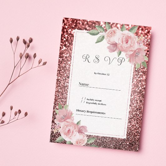 Invitation Rose gold silver glitter pink floral RSVP 
