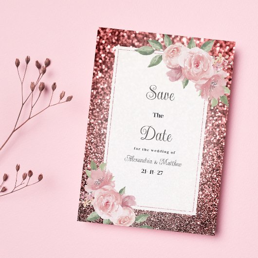 Invitation Rose gold silver glitter pink floral Save The Date