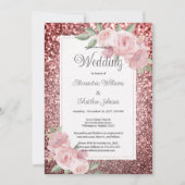 Invitation Rose gold silver glitter pink floral Wedding  (Devant)