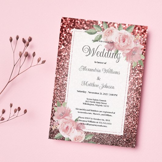 Invitation Rose gold silver glitter pink floral Wedding 