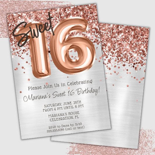Invitation Rose Gold Silver Sweet 16 fête d'anniversaire
