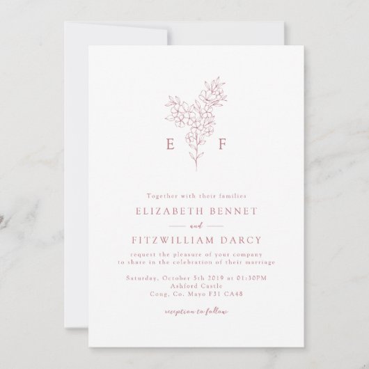 Invitation Rose Gold Simple Cherry Blooming Blossoms Monogram (Devant)
