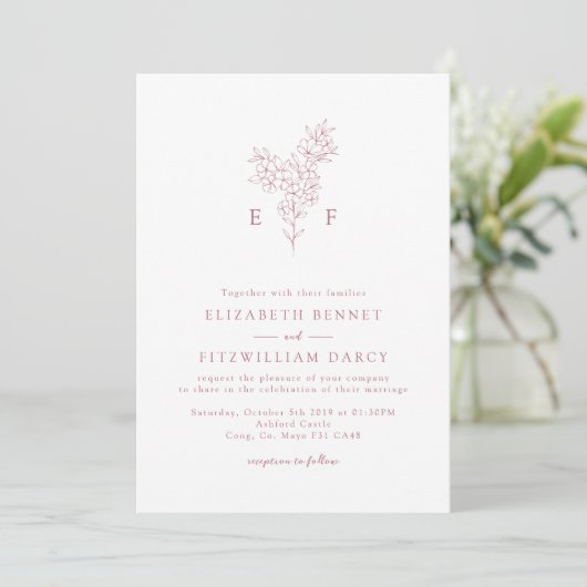 Invitation Rose Gold Simple Cherry Blooming Blossoms Monogram (Debout devant)