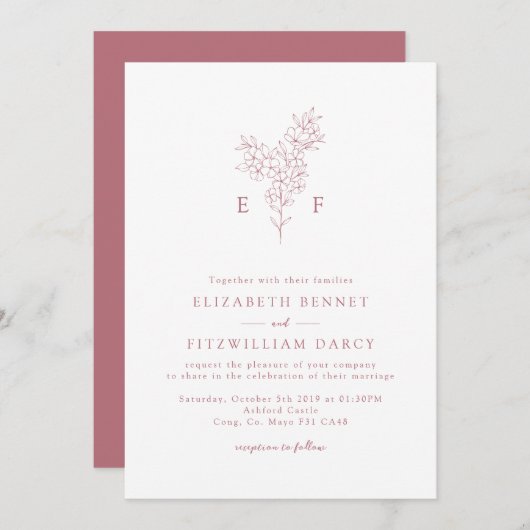 Invitation Rose Gold Simple Cherry Blooming Blossoms Monogram (Devant / Derrière)